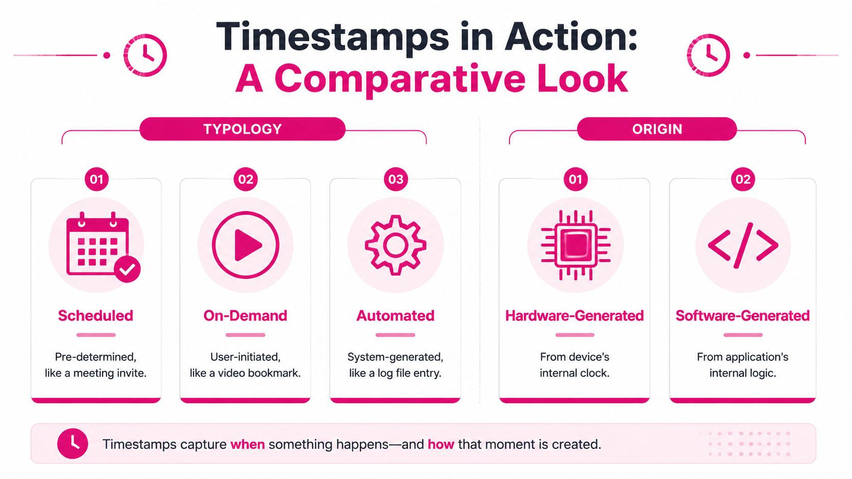 An infographic titled Timestamps in Action illustrating the different typologies and origins of digital timestamps.