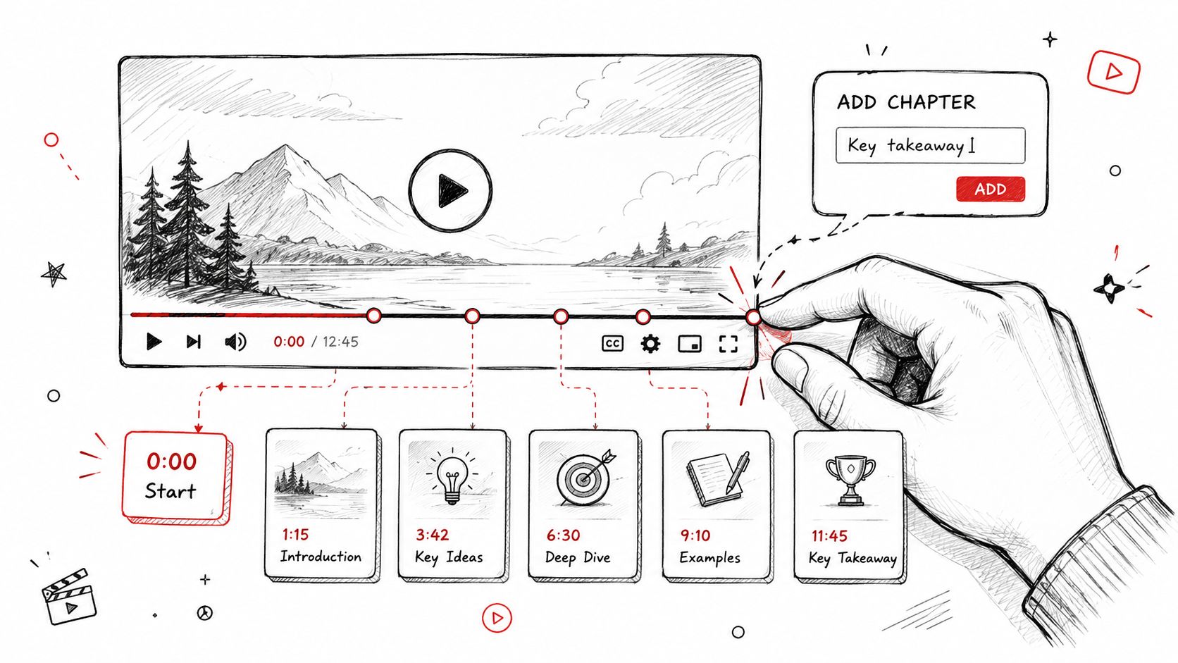 A hand selecting a video timestamp chapter marker to add a new content segment for better navigation.