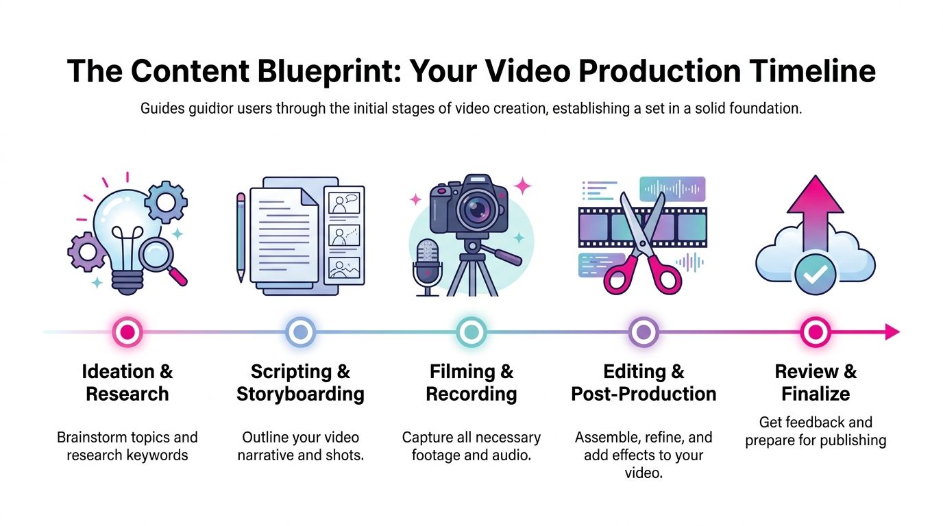 A five-step infographic showing the video production timeline from ideation to final review and publishing.