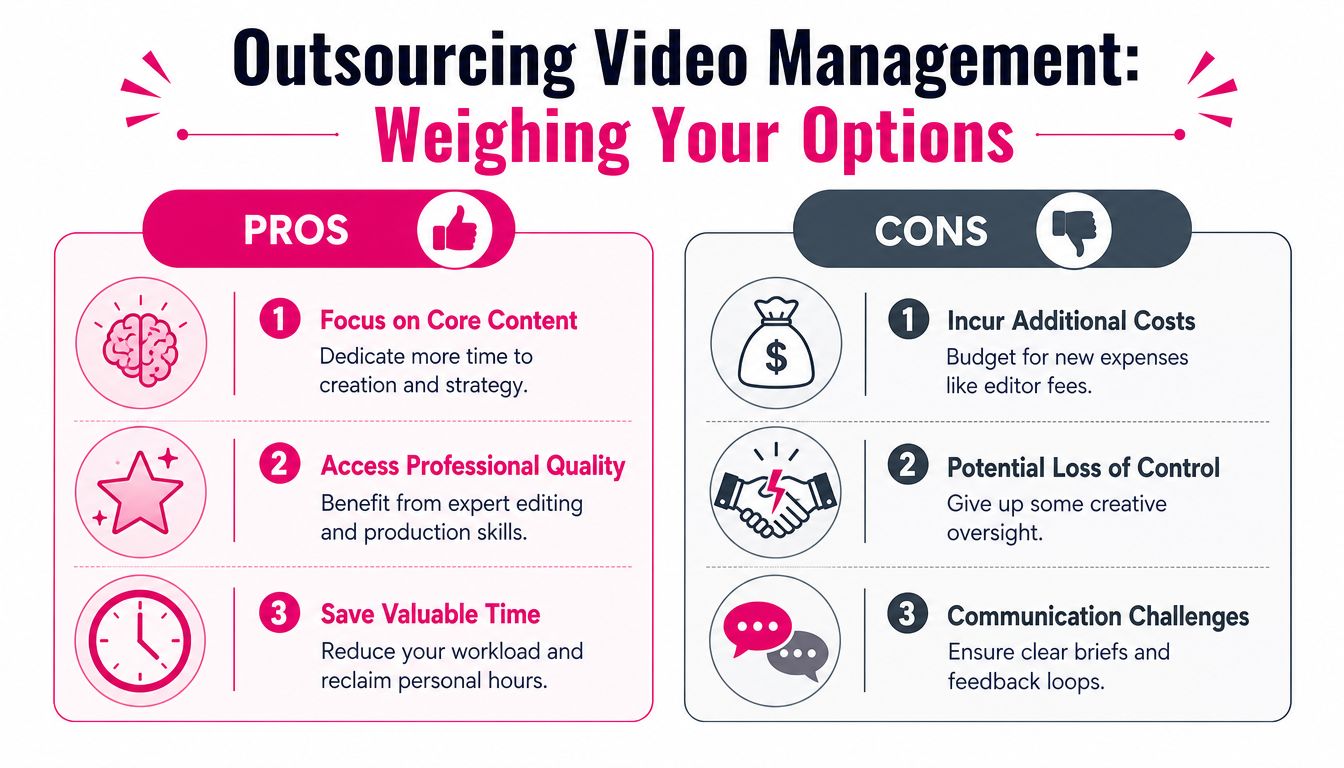 A pros and cons infographic comparing the benefits and challenges of outsourcing your video management process.