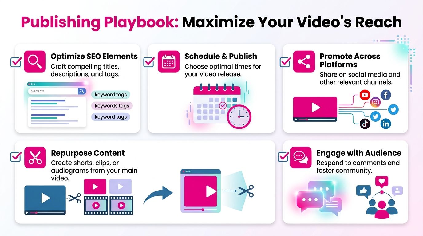 An infographic titled Publishing Playbook offering tips on maximizing video reach through SEO, scheduling, promotion, and engagement.